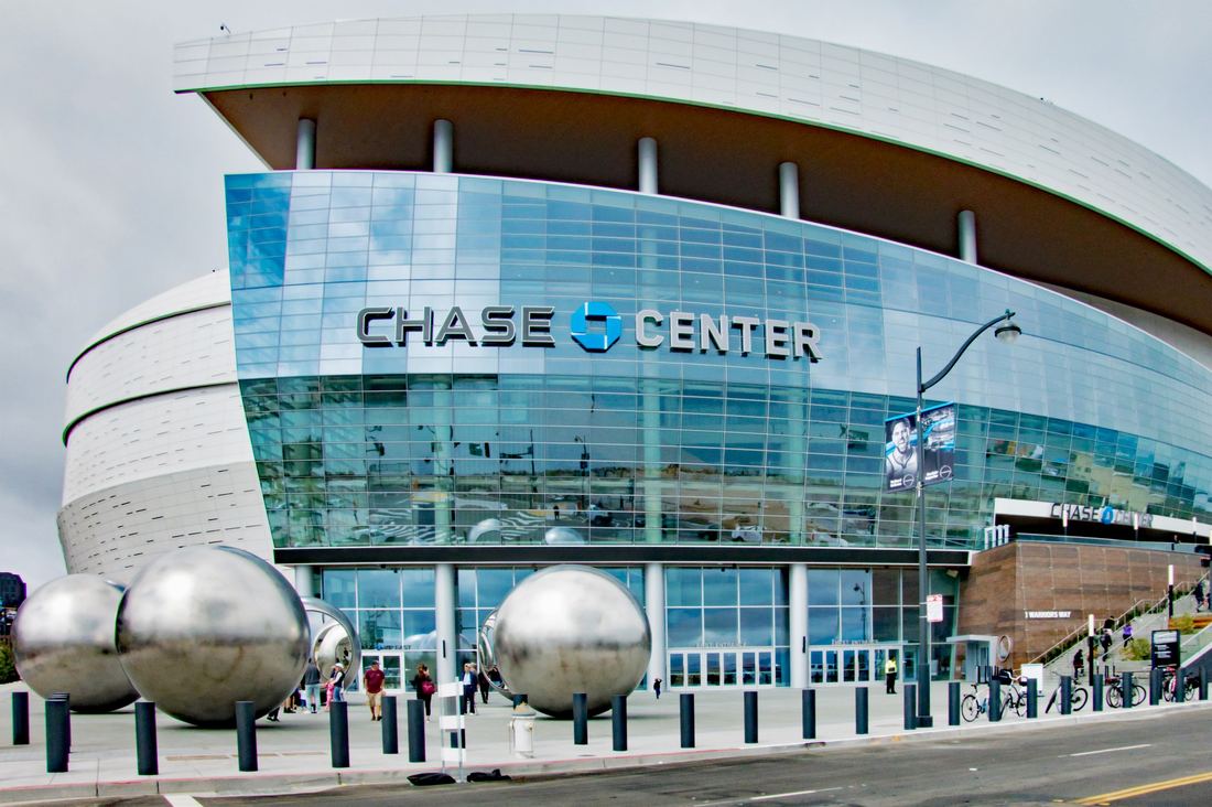 The modern Chase Center arena in San Francisco seen from the street