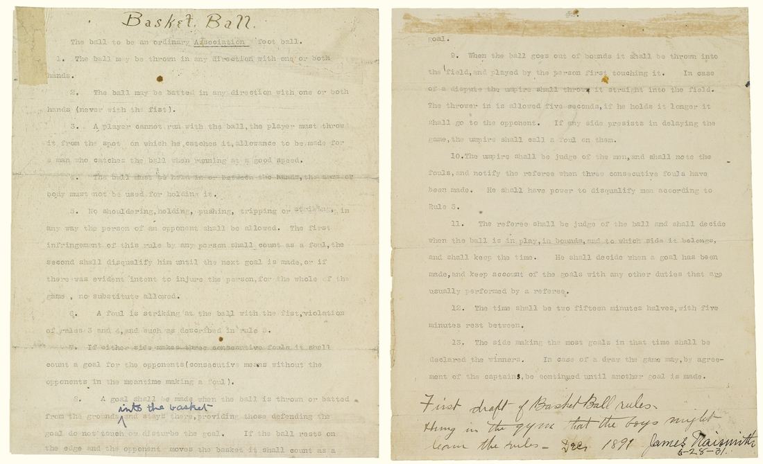 The two typed pages of James Naismith's original basketball rules