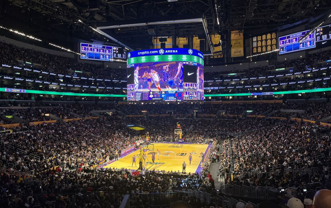 The packed Crypto.com Arena bowl with the court lit up before a game