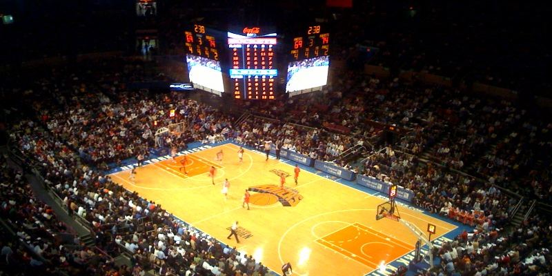 A Knicks game at Madison Square Garden seen from high in the stands