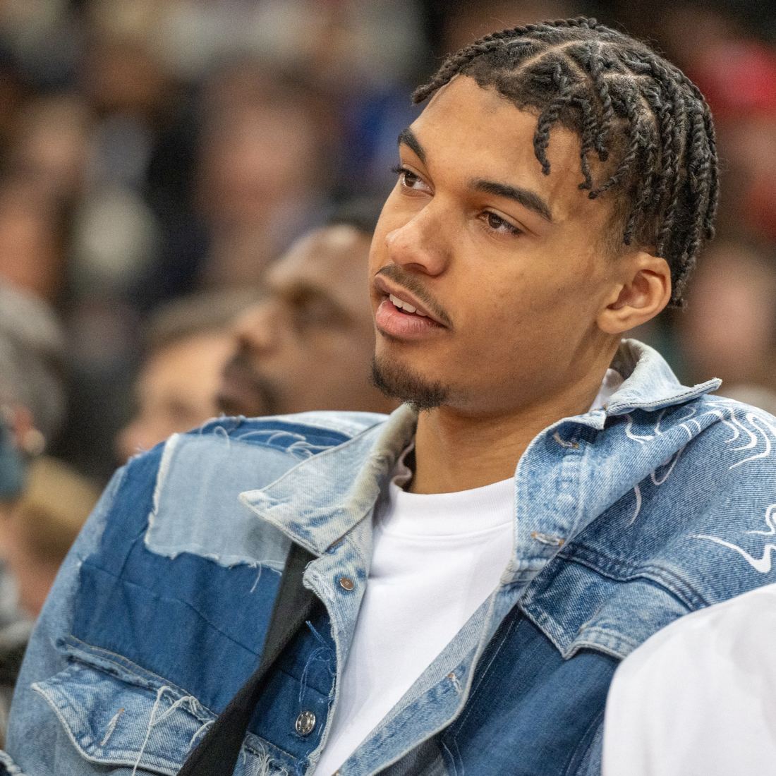 Victor Wembanyama in a denim jacket at the NBA Paris Game